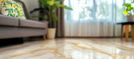 Blurred Living Room Interior with Comfortable Sofa and Window, Focus on Marble Floor Tiles.の素材