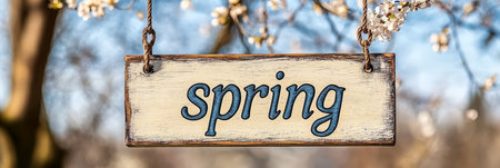 Rustic wooden sign displaying  spring  surrounded by vibrant nature and the beauty of the seasonの素材