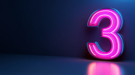 Number 3, Pink And Blue Neon Sign Against Dark Blue Wall, Design Element. 3D Illustration.の素材