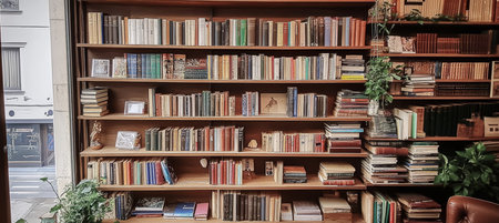 Floor to ceiling bookshelves, crammed with hardback books, offer the perfect spot for reading.の素材