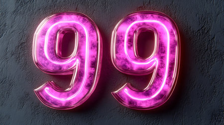 Number 99, Vibrant Pink Neon Sign Glowing on Textured Dark Concrete Wall, 3D Rendering Illustration.の素材