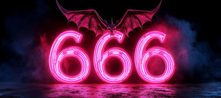 Number 666 with Pink Neon Light and Demon Wings on Dark Foggy Background, 3D Renderingの素材