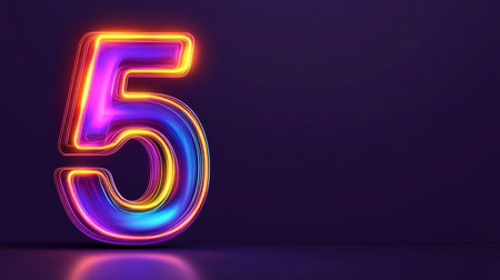 Number Five, 5, Neon Sign, Glowing, Vibrant Colors, Purple, Blue, Orange, 3D Render, Dark Backgroundの素材