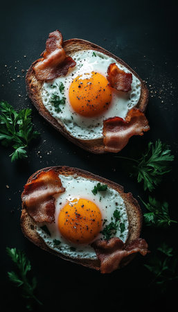 Delicious breakfast delight  toasted bread slices with fried eggs and crispy bacon on dark surfaceの素材