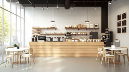 Bright, Modern Coffee Shop Interior with Minimalist Design, Large Windows, and Wood Counterの素材