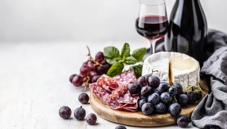 Gourmet Charcuterie Board with Wine, Cheese, Meat, and Grapes for a Delicious Appetizer Platterの素材
