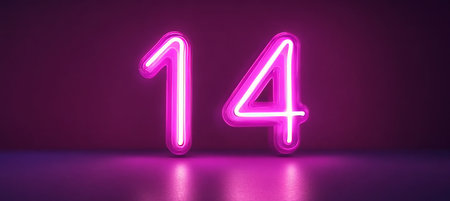 Neon Number 14, Fourteen, Glowing Purple Neon Light on a Dark Background, 3D Renderingの素材