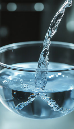 Clear, fresh water pouring into a glass bowl. Concepts of health, hydration, thirst, and freshness.の素材