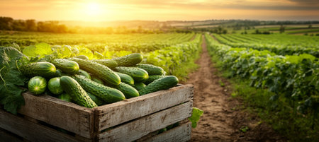Freshly Harvested Cucumbers in a Crate on a Farm at Sunset, Agriculture, Harvest Conceptの素材