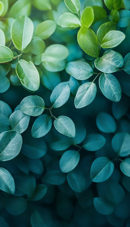 Closeup of Lush, Vibrant Green Foliage Bathed in Ethereal Teal Light, Natural Backgroundの素材