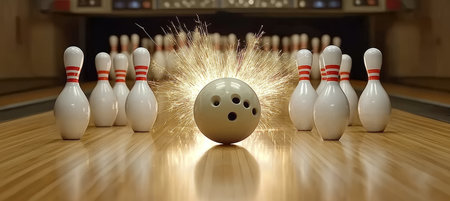 Bowling Ball with Sparks Effect and Pins Recreation, Fun, and Competition on Polished Wood Laneの素材