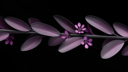 Seamless Floral Pattern, Branch with Delicate Purple Flowers and Leaves on Black Backgroundの素材