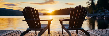 Two Empty Wooden Chairs on a Tranquil Lake Dock, Enjoying the Golden Sunset at a Vacation Homeの素材