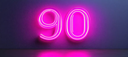 Neon Number 90, Nine Zeroth Numeral in Hot Pink Against White Background, 3D Illustrationの素材