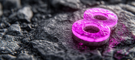 Pink, Glowing Number Eight on Dark Rock, Illuminating Symbol, Number 8, Strength, Powerの素材