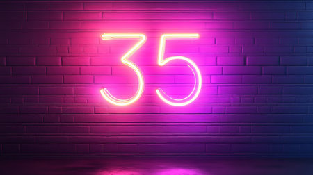Number 35, Neon Sign on a Brick Wall. Glowing Purple and Pink Neon Light, Digit Thirty Fiveの素材