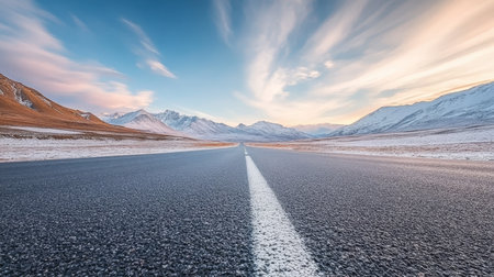 Empty Asphalt Road, Snow Capped Mountains And Blue Sky With Clouds At ...