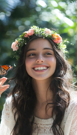 Young Woman with Flower Crown Smiles at Butterfly in Nature, Beauty and Serenity Conceptの素材