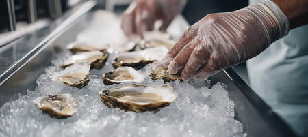 Gloved Hands Expertly Shucking Fresh Oysters on a Bed of Ice For Fine Dining Preparationの素材