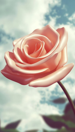 Single Peach Colored Rose With Lush Petals Against A Cloudy Blue Sky, Springtime Beautyの素材