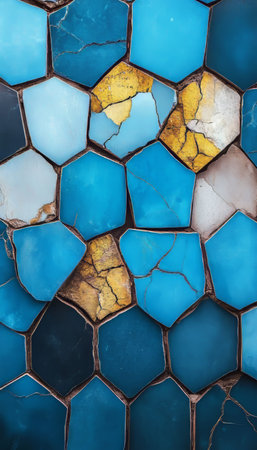 Blue and Gold Hexagon Mosaic Tile Pattern, Abstract Geometric Texture, Interior Designの素材