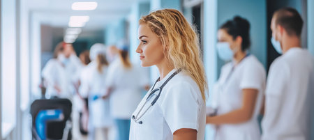 Confident Young Female Doctor, Stethoscope, Hospital Corridor, Medical Team, Healthcareの素材