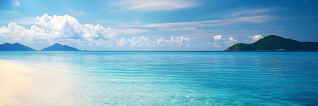 Tranquil Tropical Beach Paradise Panorama with Islands, Sun and Clouds in Turquoise Oceanの素材