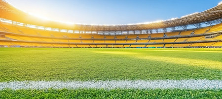 Empty Soccer Stadium Field with Green Grass and Sun Flare During Daytime. Sports Background.の素材