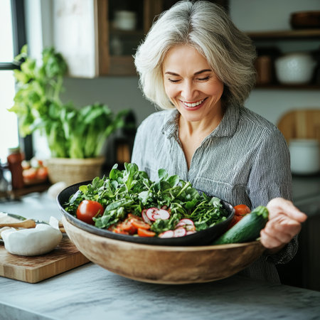 Smiling Mature Woman Holding Bowl Of Fresh Vegetables, Embracing Healthy Lifestyle In Kitchen.の素材