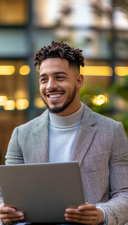Smiling Businessman With Laptop Outside, Confident Young Professional in City Settingの素材