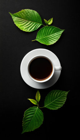 Cup of Coffee on Black Background with Green Leaves. Top View, Flat Lay with Copy Spaceの素材