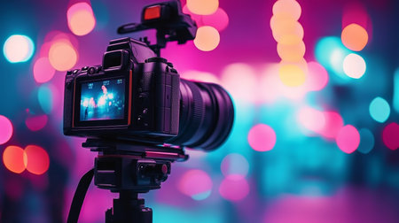 Digital camera with external microphone on tripod. Blurred background with bokeh effect.の素材