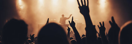 Silhouetted Crowd Cheering As DJ Mixes Music On Stage In Front Of Enthusiastic Audience At Concertの素材
