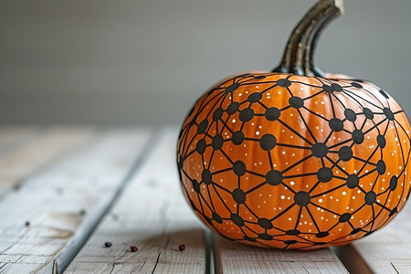 Orange Pumpkin Decorated with Black Network Pattern on Rustic Wooden Table for Halloweenの素材