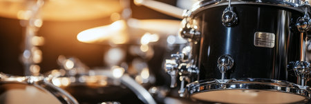 Close-up of a Sleek Black Drum Set Ready to Make a Statement, set Against a Warm Bokeh Background.の素材