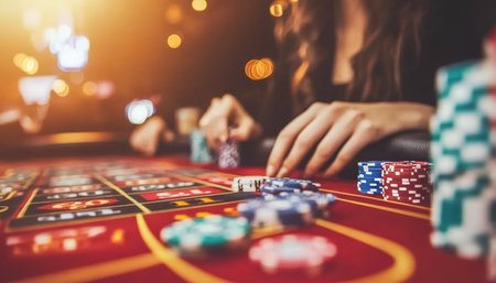 Woman Playing Roulette. Closeup Of Hand And Chips In Casino, Gambling, Betting, Night Entertainmentの素材