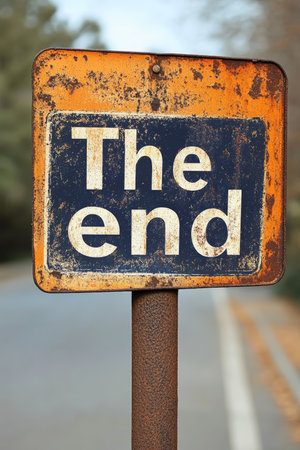 Old, rusty metal signboard with the words The end on white and blue background,typography.の素材