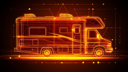 Neon Wireframe of a Modern Camper Van, Concept for Travel, Technology, and Innovation. 3D Renderingの素材