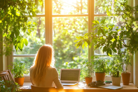 Woman Working on Laptop at Home Office with Plants, Enjoying Sunshine View from Windowの素材