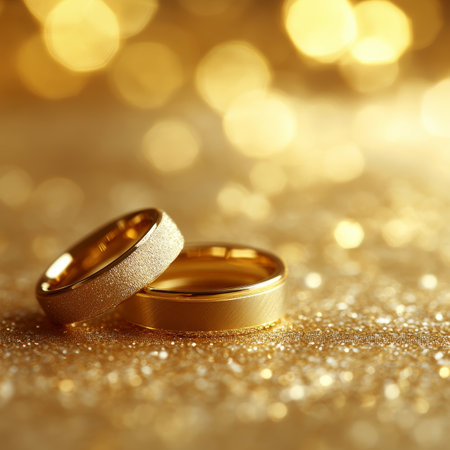 Two Gold Wedding Bands, A Symbol of Love and Commitment on a Sparkling Gold Backgroundの素材