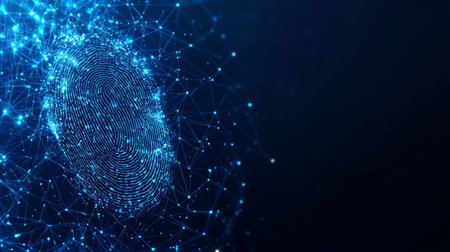 Digital Fingerprint, Abstract Biometric Pattern in Lines, with Connected Dots and Triangles on Blueの素材