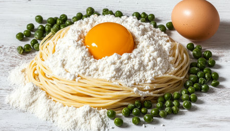 Raw Ingredients for Pasta Carbonara Spaghetti, Flour, Egg Yolk, and Green Peas on White Woodの素材