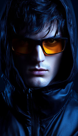 Portrait of a Serious Young Man in a Hood Wearing Yellow Sunglasses in a Dark Atmosphere.の素材