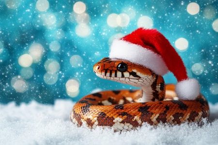 Cute snake wearing a Santa hat lies in the snow on a blue background with lights. Happy New Year.の素材