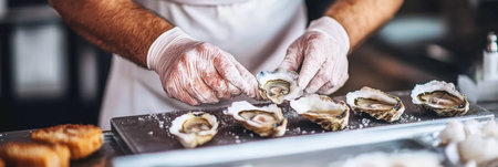 Chef preparing fresh oysters for serving, culinary art. Restaurant kitchen, seafood delights.の素材