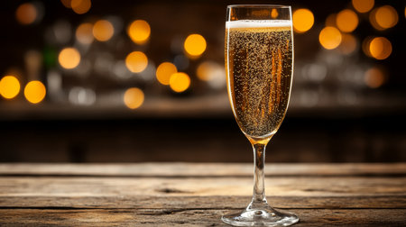Glass of Sparkling Wine with Festive Bokeh Lights in the Background. Celebration, Beverage, Drinkの素材