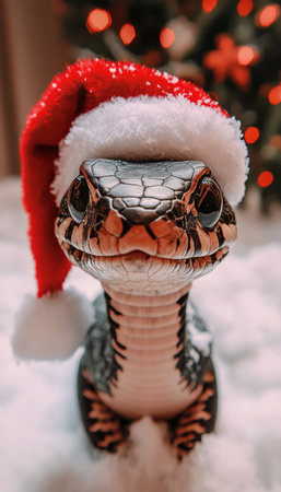 Cute Lizard In Red Santa Claus Hat Sitting On White Snow With Christmas Tree On Backgroundの素材