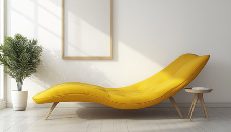 Yellow Curved Sofa in Minimalist Living Room with Accent Table and Poster Frame on White Wallの素材