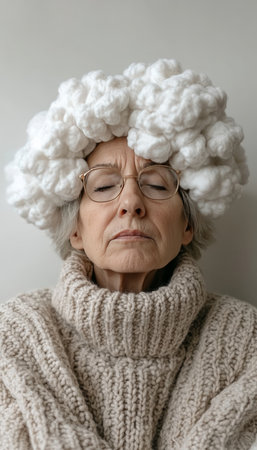 Senior Woman with Whimsical Cloud Headpiece, Representing Imagination, Dreams, or Mental Healthの素材
