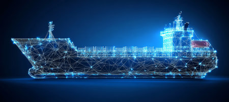 Abstract Illustration of a Cargo Ship with Glowing Lines and Dots on a Blue Backgroundの素材